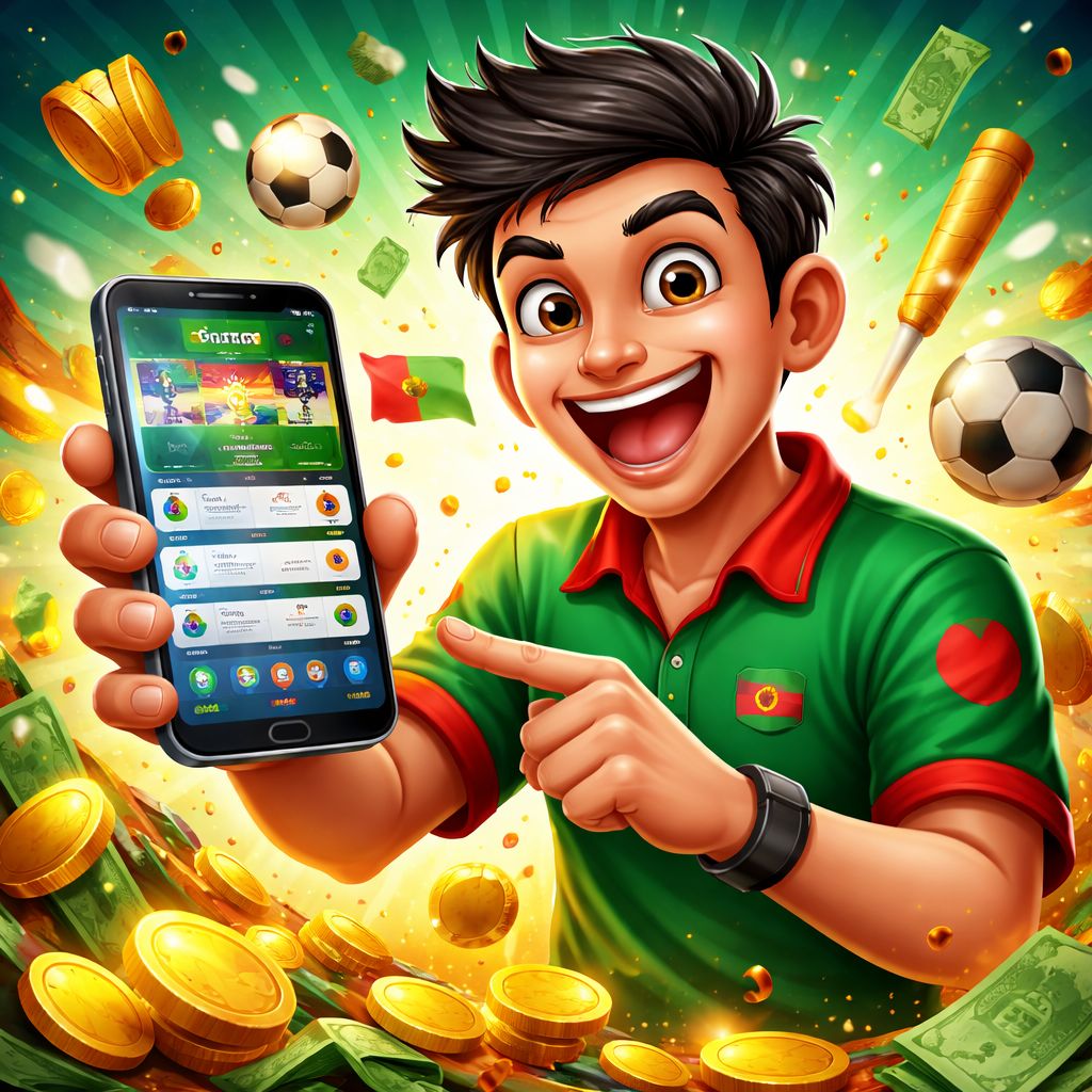 70000bat themed cartoon betting character with phone, coins, and sports elements