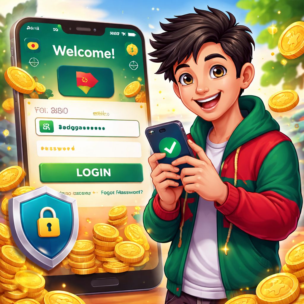 Cartoon gaming character using a mobile phone to log in with coins and secure interface
