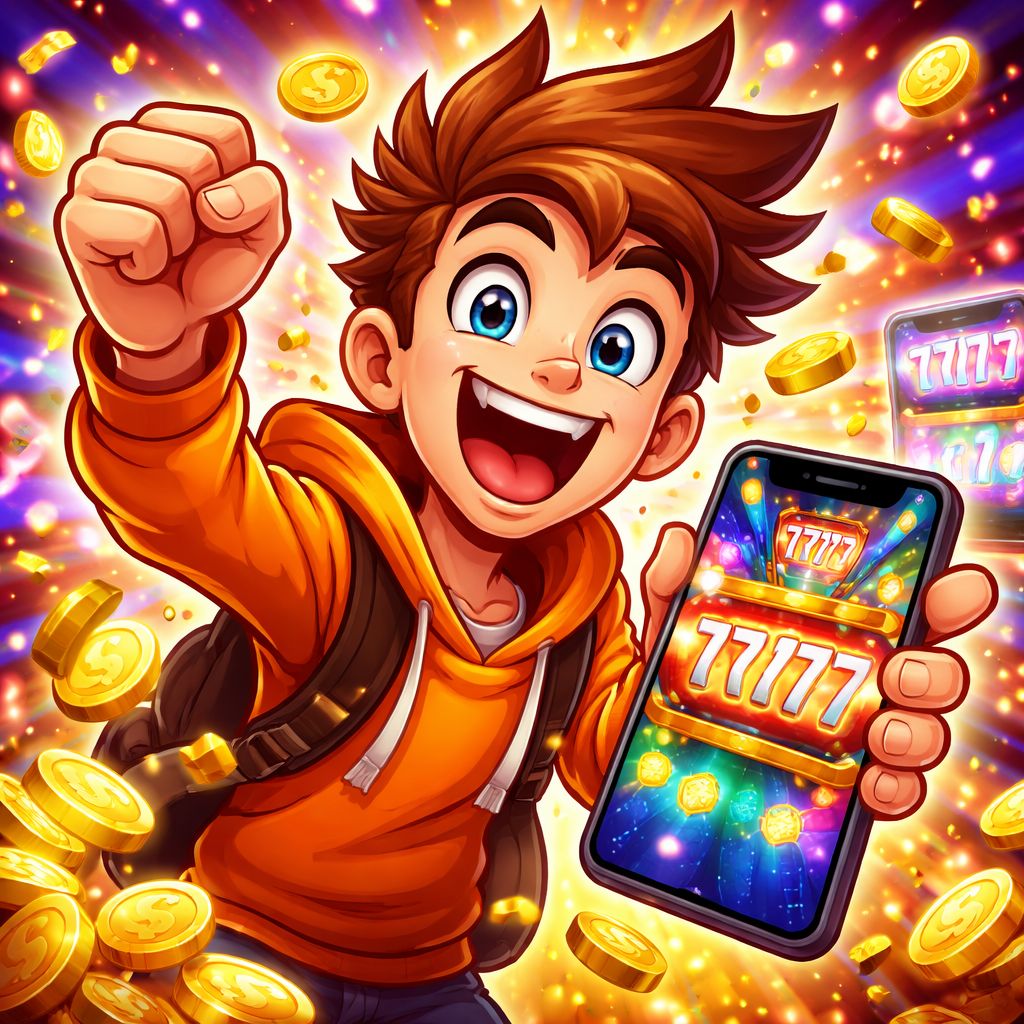 Cartoon slot player with coins, reels, and bright casino-style effects